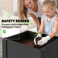 Black raised garden bed planter box with safety-style edge and a person planting