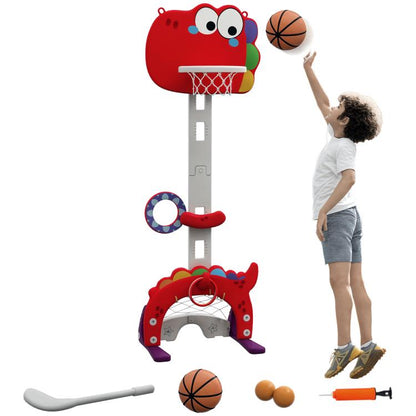 Red kids basketball hoop with cartoon backboard, adjustable pole, and hoop net