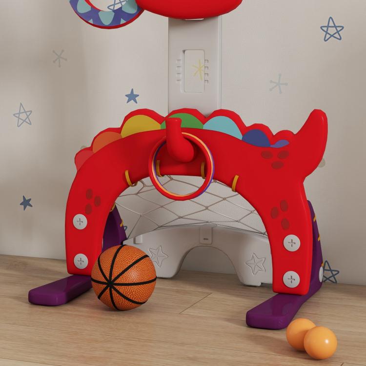 Kids red basketball hoop with arch frame, net, purple feet, and orange ball