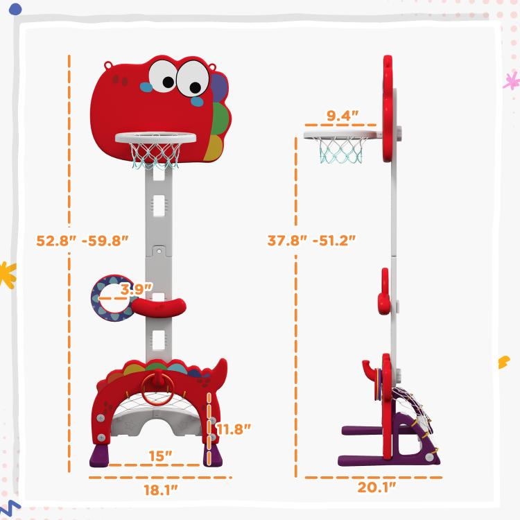 Red adjustable kids basketball hoop diagram with net, pole, and stable base