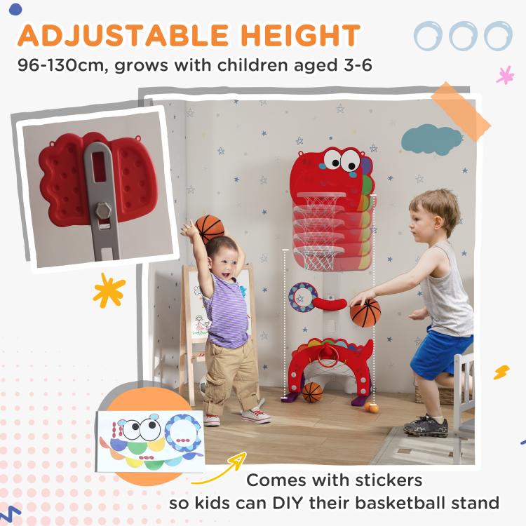 Red adjustable kids basketball hoop with cartoon backboard and weighted stable base