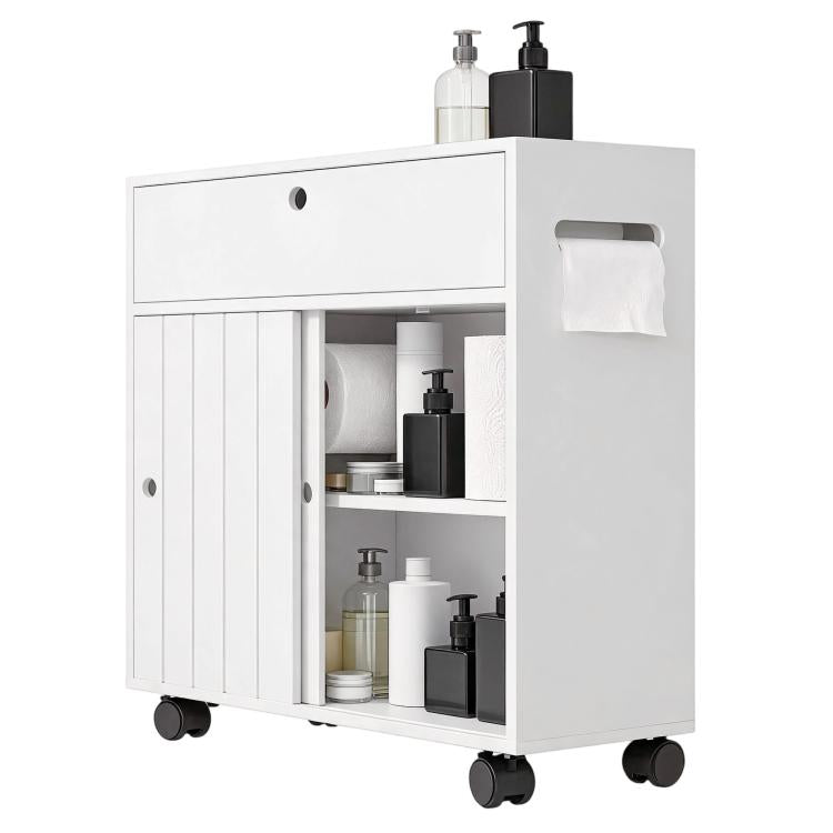 White bathroom toilet paper cabinet with sliding doors, open shelves on caster wheels.