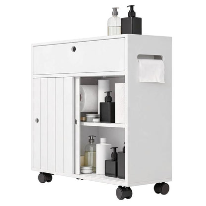 White bathroom toilet paper cabinet with sliding doors, open shelves on caster wheels.