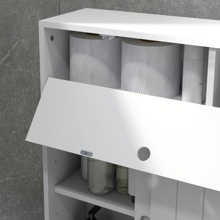 White slim toilet paper cabinet with sliding door open, adjustable shelf and paper holes