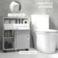 White bathroom storage cabinet with toilet paper holes and sliding door, on caster wheels.