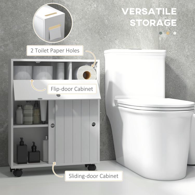 White bathroom storage cabinet with toilet paper holes and sliding door, on caster wheels.