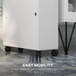 White slim toilet paper cabinet with four caster wheels and paneled cabinet doors.