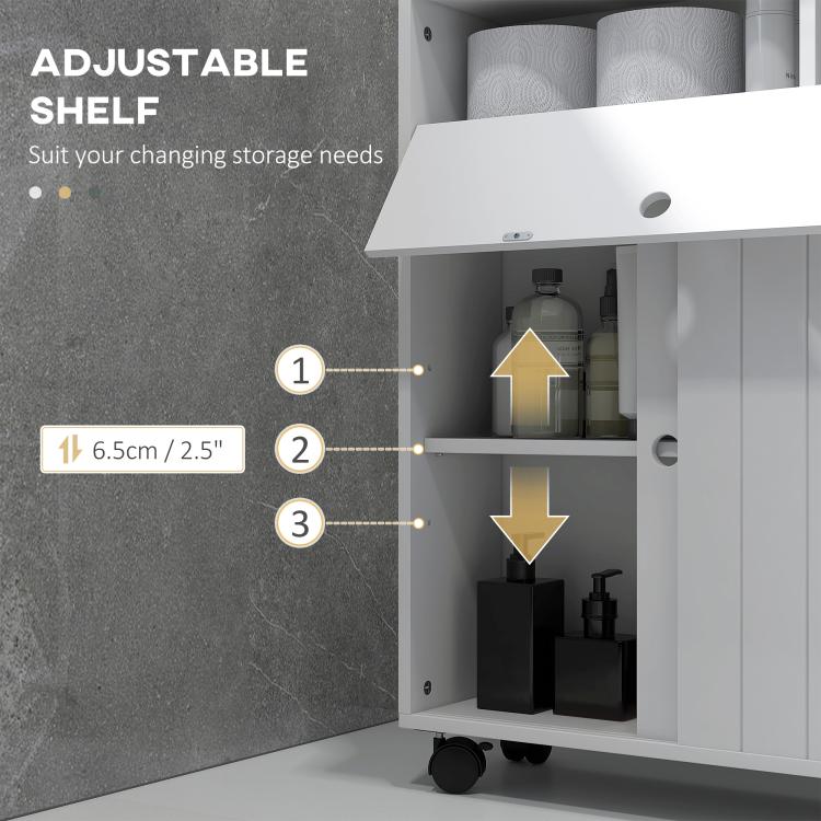 White toilet storage cabinet with adjustable shelf and paper-hole compartment inside.