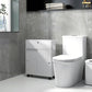 White toilet paper cabinet with top drawer, paneled doors, towel holder, on caster wheels.