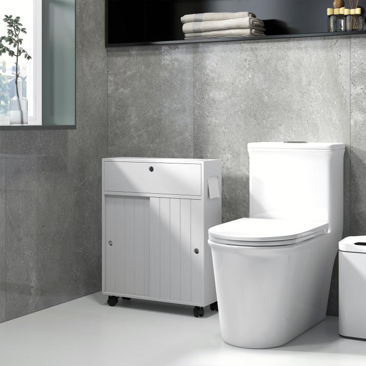 White toilet paper cabinet with top drawer, paneled doors, towel holder, on caster wheels.