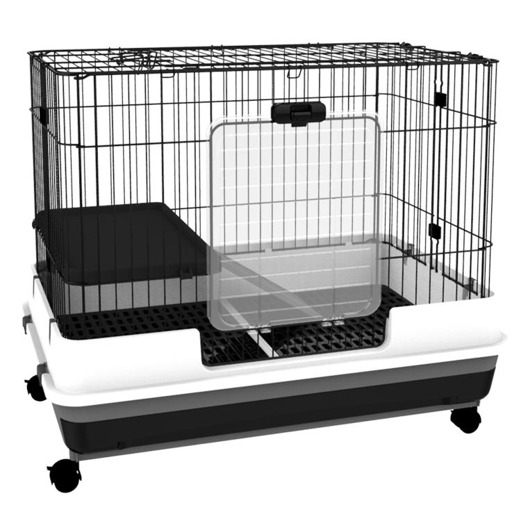 Two-level small animal cage with wheels, removable tray, ramp and platform, black