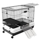 Two-tier wire rabbit hutch with white base, extended ramp, black platform and tray