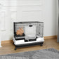 Two-level wire rabbit hutch on wheels with clear divider panel and ramp, black accents