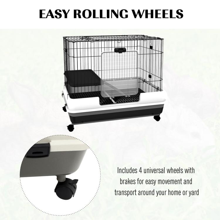 Rolling small animal cage with four universal wheels, wire enclosure and black tray