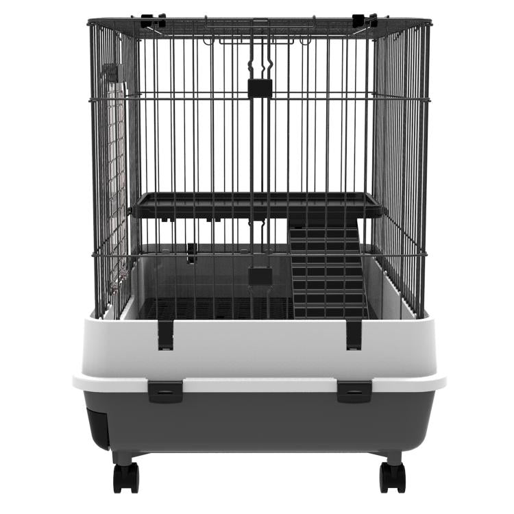 Large wire small animal cage with front bars and lower tray, black base