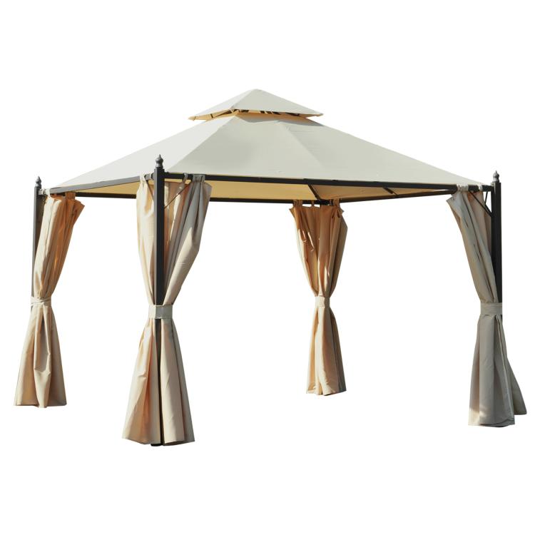 Outdoor patio gazebo with beige curtains and two-tier roof, full standing view