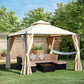 Outdoor patio gazebo with cream canopy and beige curtains, covering outdoor seating