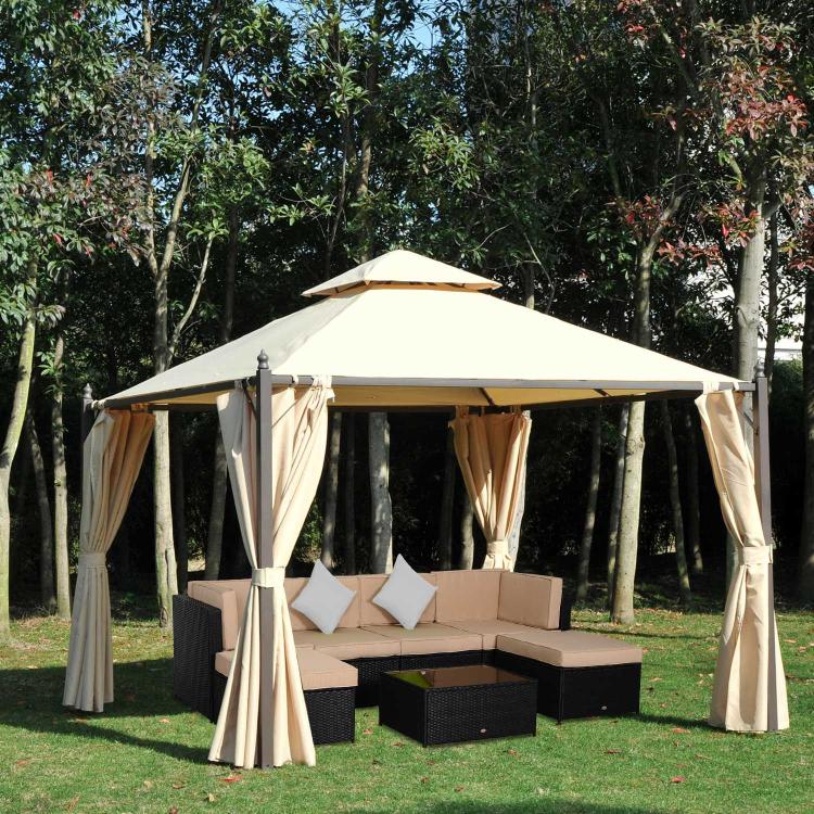 Outdoor patio gazebo with cream canopy and beige privacy curtains over garden lounge