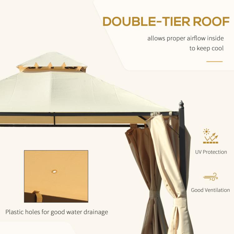 Cream two-tier gazebo canopy with beige side curtains for UV protection and airflow