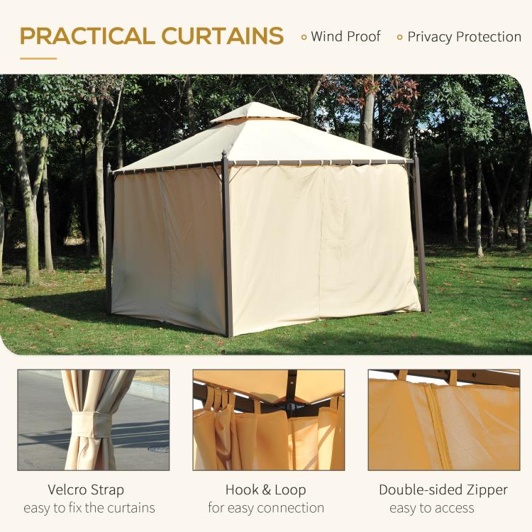 Outdoor gazebo with privacy curtains, cream double-tier roof, windproof and zipper access