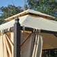 Gazebo corner post with cream double-tier roof and beige curtains, tied panels