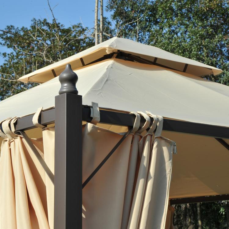 Gazebo corner post with cream double-tier roof and beige curtains, tied panels