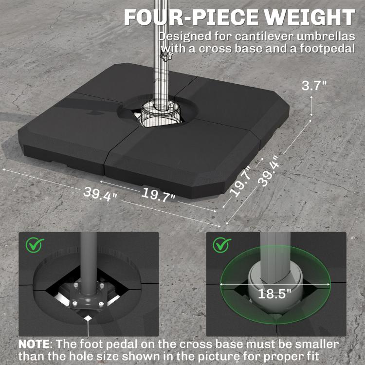 Square dark cantilever umbrella stand base with central opening for pole and crossbar