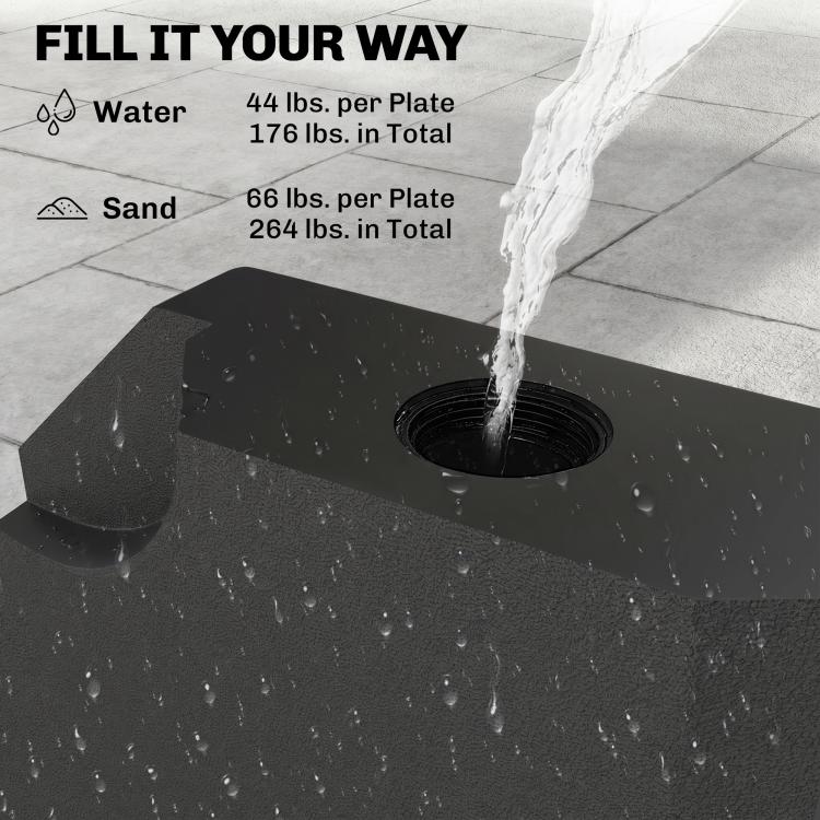 Dark umbrella stand base weight filling water into central reservoir opening