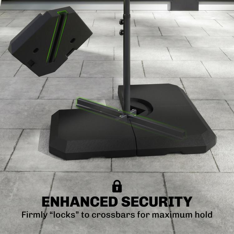 Dark umbrella stand base weight with locking crossbar plates and central opening