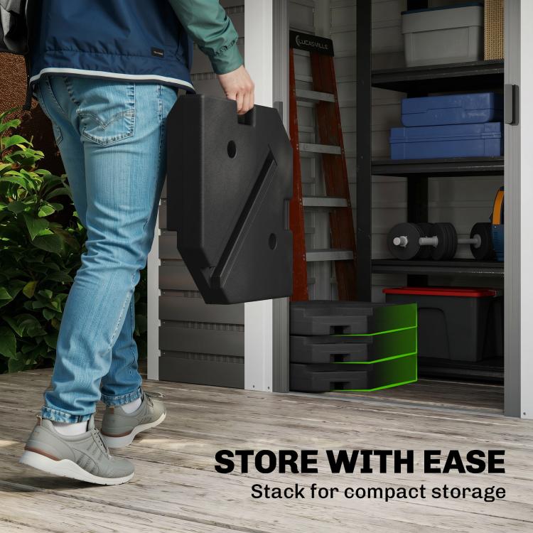 Stackable dark umbrella stand base weight plates for compact storage