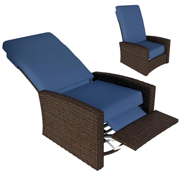 Outdoor wicker swivel recliner chair with dark brown frame and dark blue cushions, footrest extended