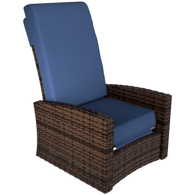 Outdoor wicker swivel recliner chair with dark brown woven frame and dark blue seat and back cushions