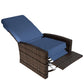 Outdoor swivel recliner chair with lifting footrest, dark brown wicker frame and blue cushions