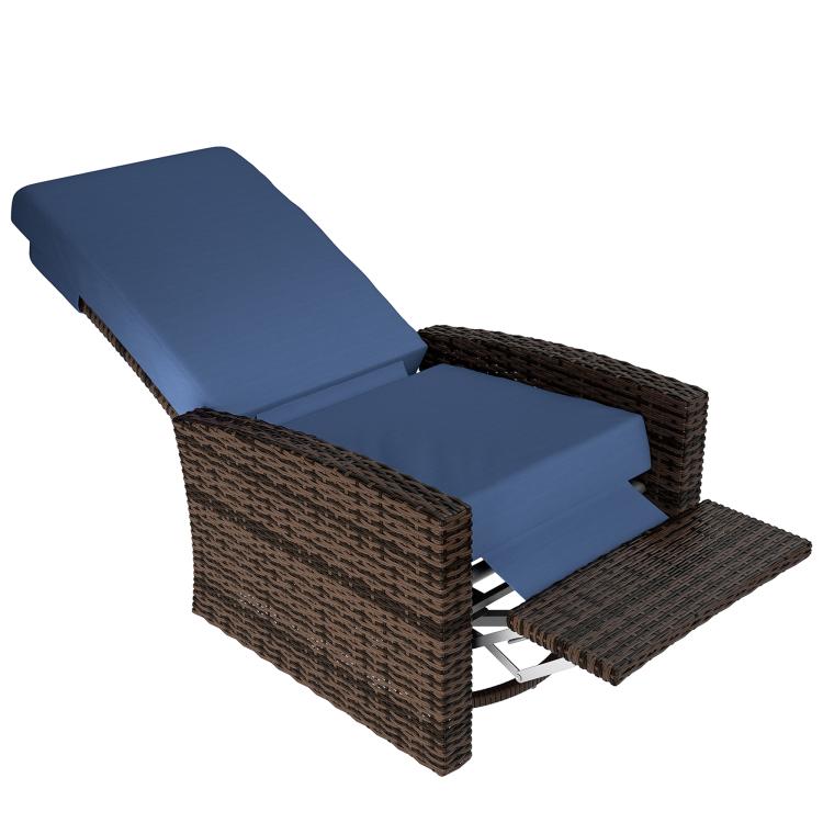 Outdoor swivel recliner chair with lifting footrest, dark brown wicker frame and blue cushions