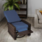 Outdoor wicker swivel recliner chair with dark brown woven base and dark blue cushions, footrest down