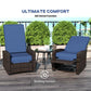 Outdoor wicker swivel recliner chair with dark brown woven arms and dark blue padded back and seat