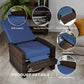 Outdoor wicker swivel recliner chair with dark brown frame and dark blue cushions, curved back, smooth arms