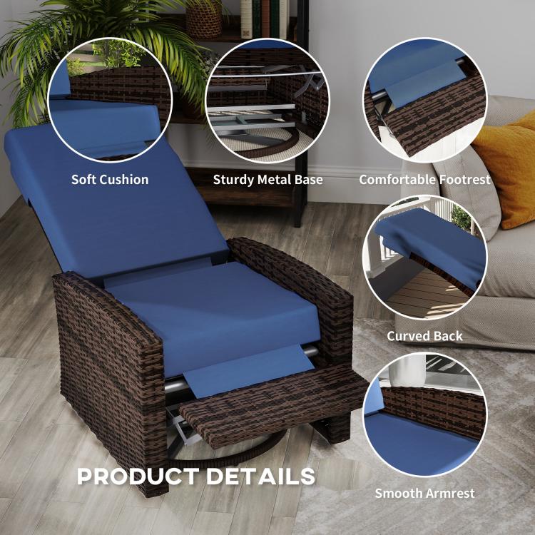 Outdoor wicker swivel recliner chair with dark brown frame and dark blue cushions, curved back, smooth arms