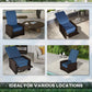 Outdoor wicker swivel recliner chair with dark brown frame and dark blue cushions shown in multiple views
