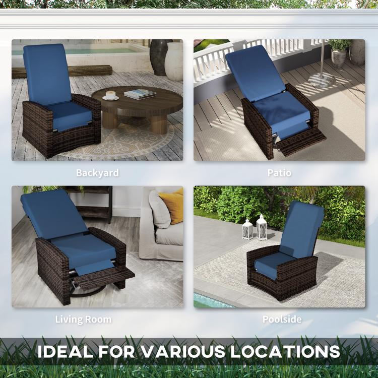 Outdoor wicker swivel recliner chair with dark brown frame and dark blue cushions shown in multiple views