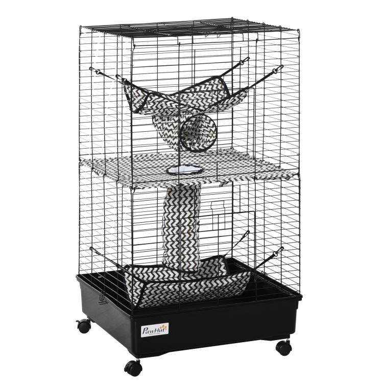 Black wire ferret cage with hanging hammock platforms and woven tunnel tower