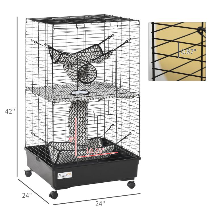 Black wire ferret cage on wheels with hanging hammock and multi-level interior platforms
