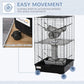 Black ferret cage with four wheeled base, hanging hammock, and woven tunnel tower