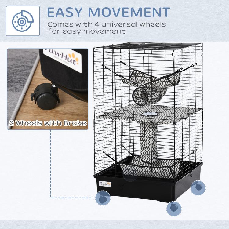 Black ferret cage with four wheeled base, hanging hammock, and woven tunnel tower