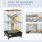 Black metal ferret cage with three doors, hanging hammock, and woven tunnel play area