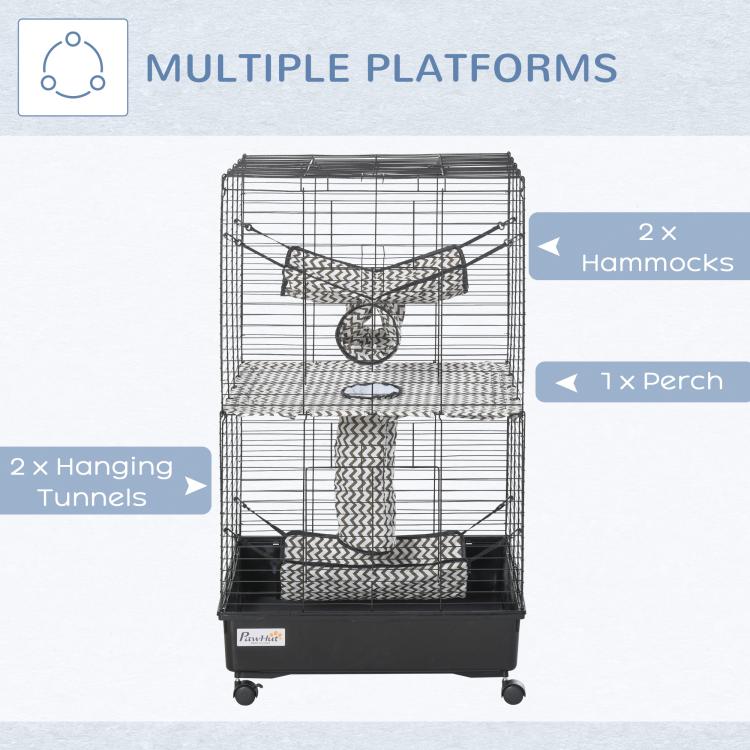 Black wire ferret cage with two hammocks, hanging tunnels, and upper hanging perch