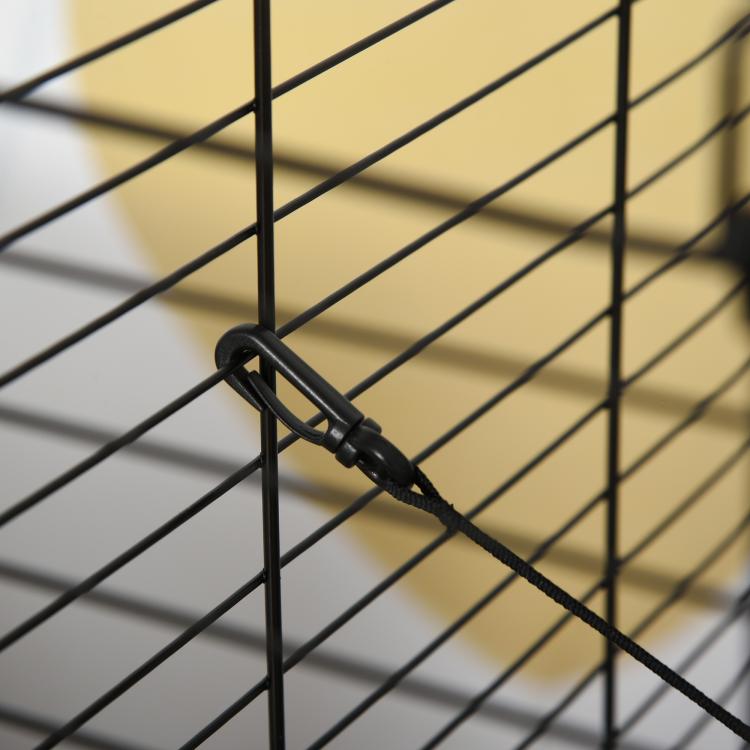 Black metal cage wire panel with latch clip on the front grid