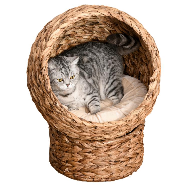 Light brown woven cat dome bed with plush cushion and gray tabby cat inside