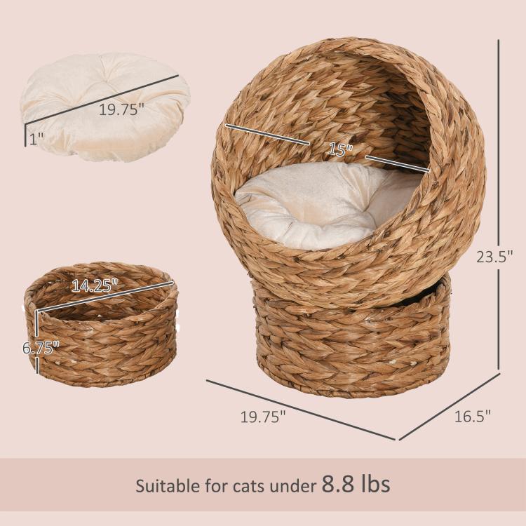 Light brown woven cat dome bed with plush cushion, product size diagram