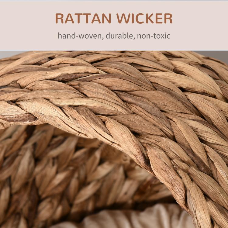 Close-up of light brown woven rattan wicker texture on cat dome bed